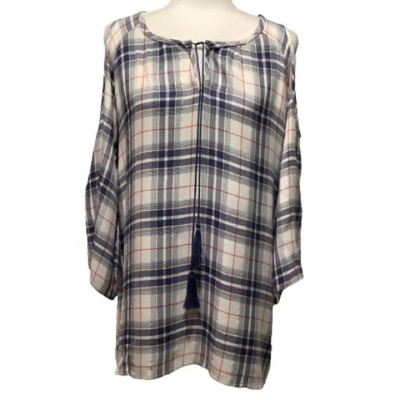 KENNETH COLE REACTION PLAID‎ COLD SHOULDER TUNIC TOP Sz S ( fits like a M) - Picture 1 of 10